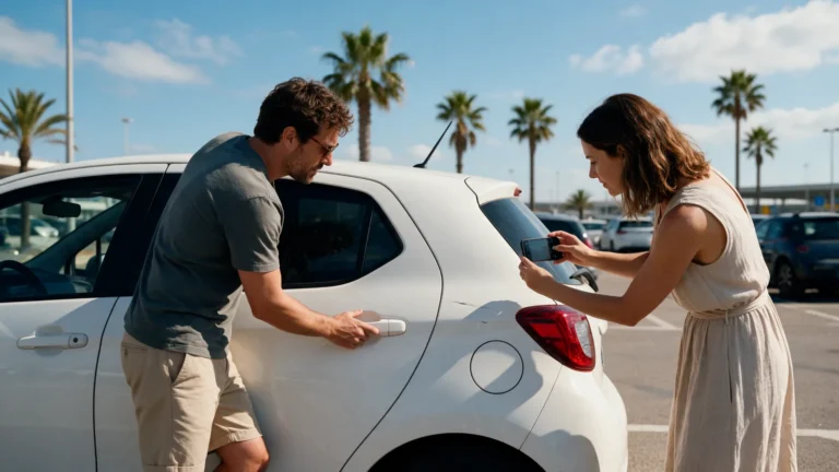 Couple photographiant une rayure sur une voiture de location blanche sur le parking ensoleillé d'un aéroport