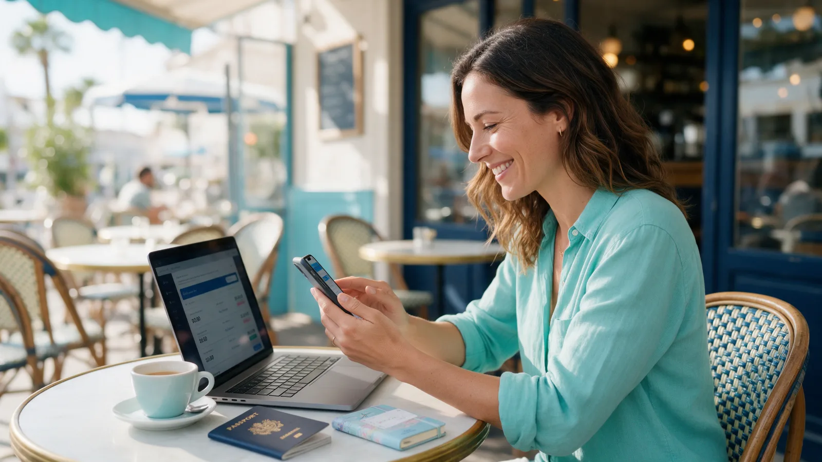 Voyageuse en terrasse de café comparant les prix des vols sur son téléphone, passeport posé sur la table