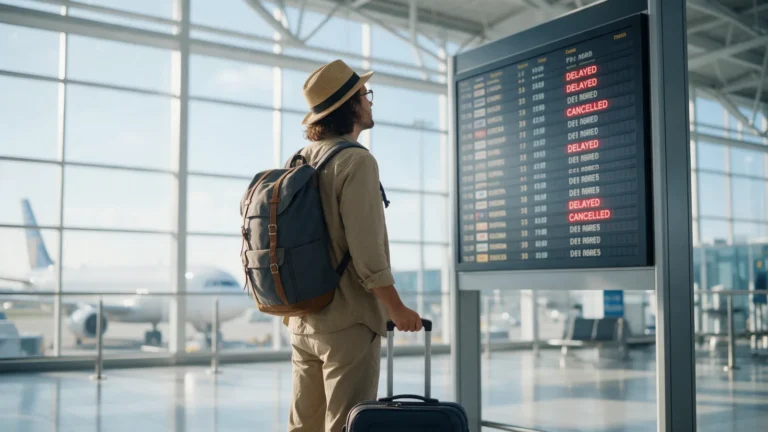 Voyageur avec sa valise devant un tableau des départs affichant des vols retardés et annulés à l'aéroport