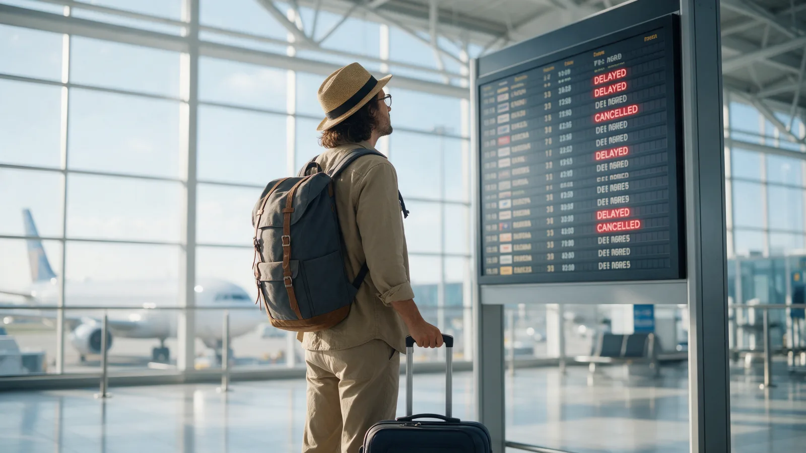 Voyageur avec sa valise devant un tableau des départs affichant des vols retardés et annulés à l'aéroport